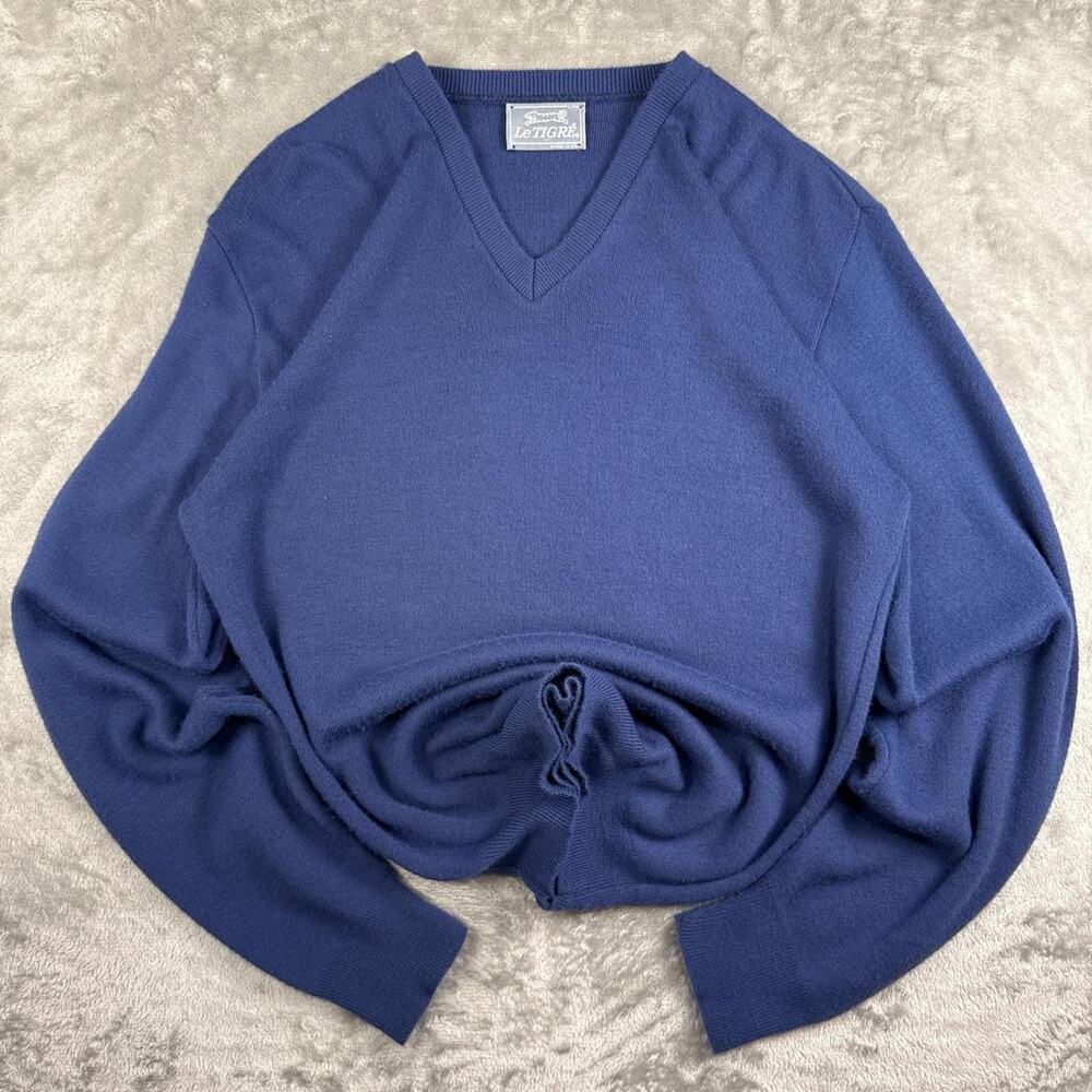 Vintage Le Tigre Blue V-neck Sweater Comfy Jumper Preppy Pullover Mens S